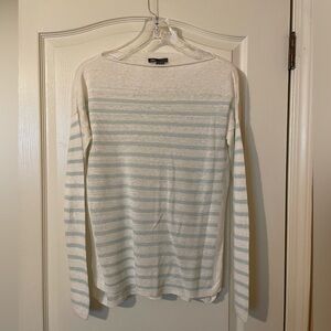 Vince Intarsia Striped Linen Sweater Pullover in White/Light Blue Size M Coastal